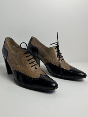 Robert Clergerie Two Tone Oxford Block Heel Women's 8.5 Black Taupe France